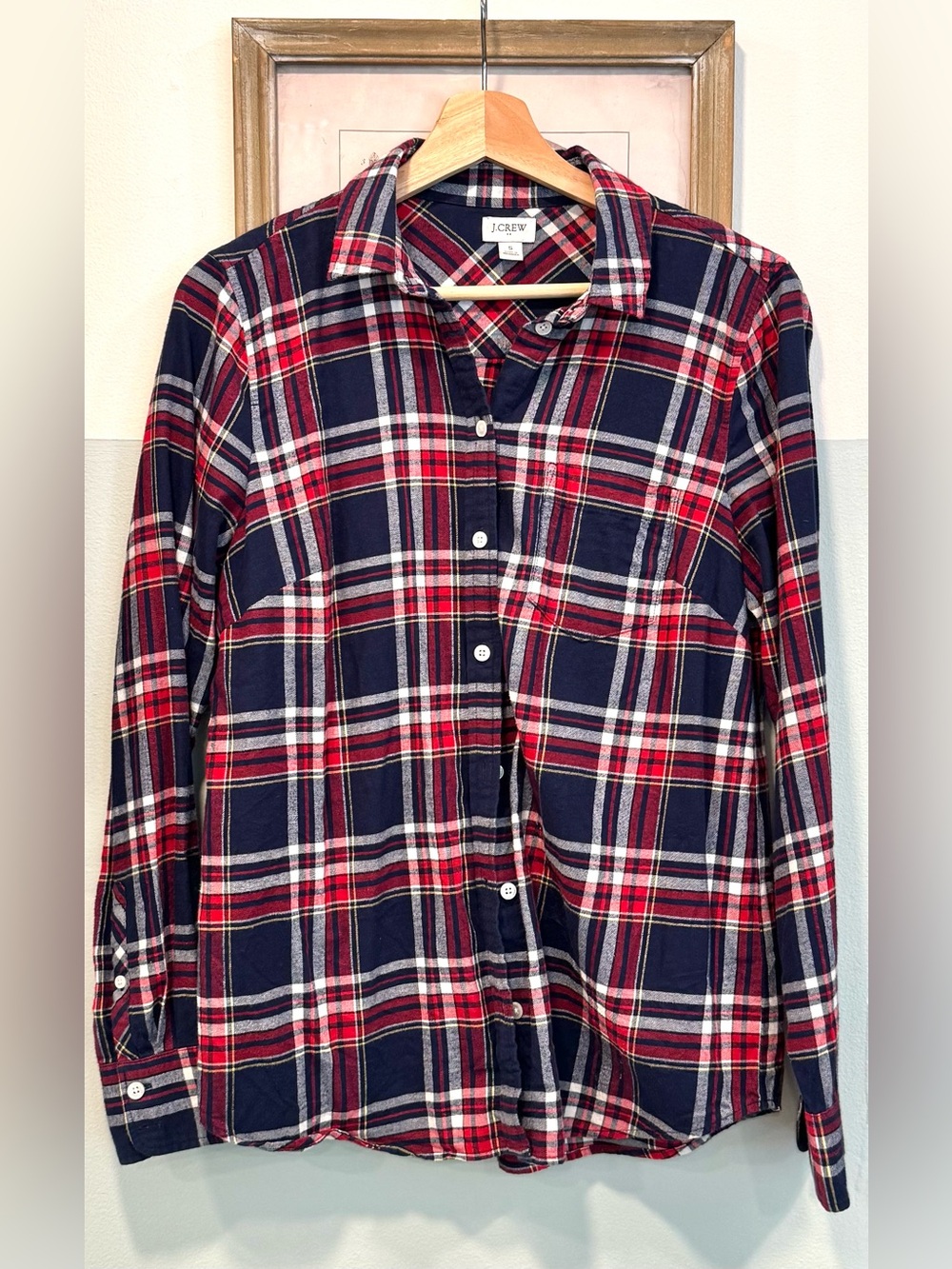 J.Crew Plaid red, white, and blue flannel button down shit
